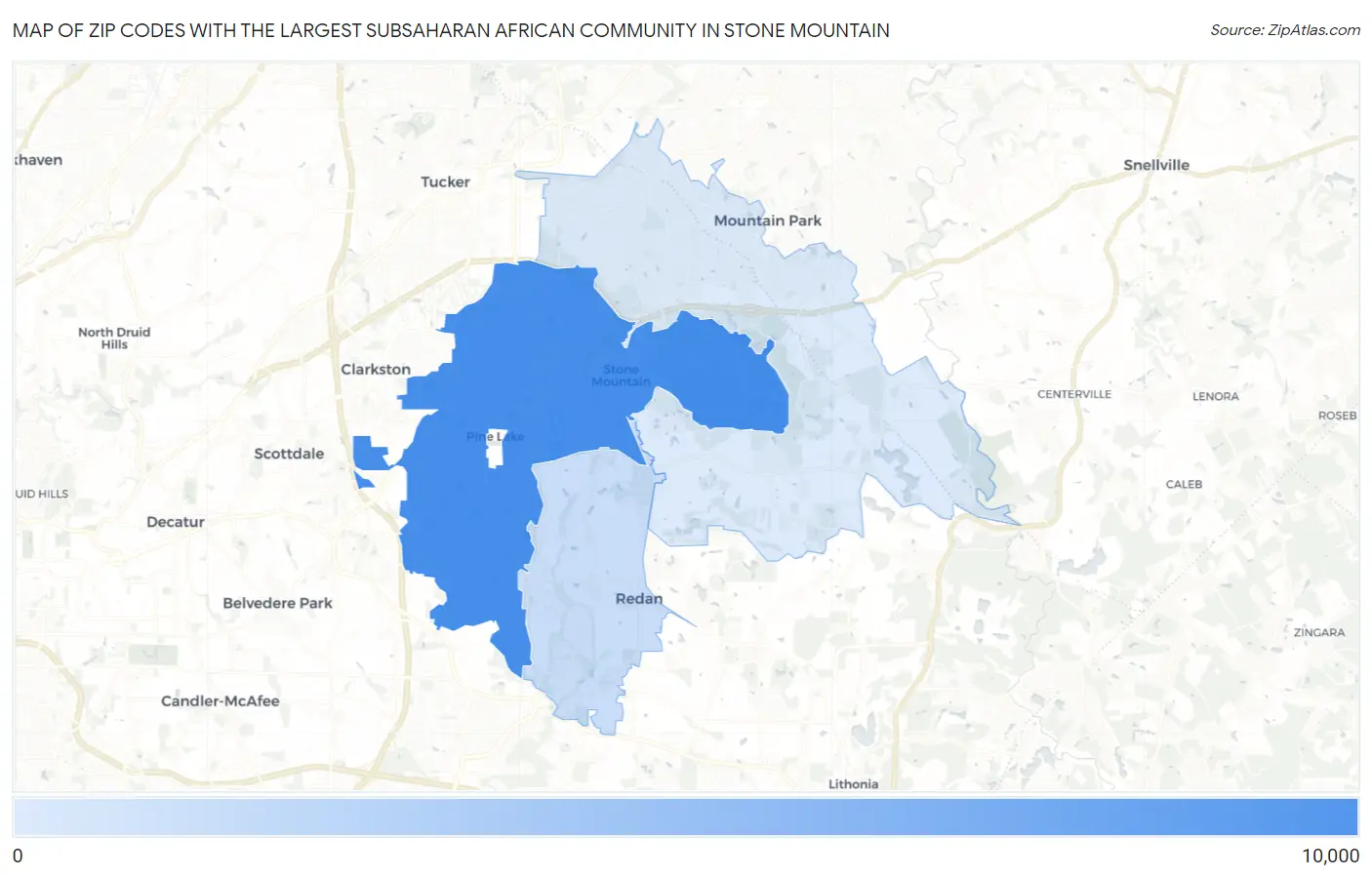 Zip Codes with the Largest Subsaharan African Community in Stone Mountain Map