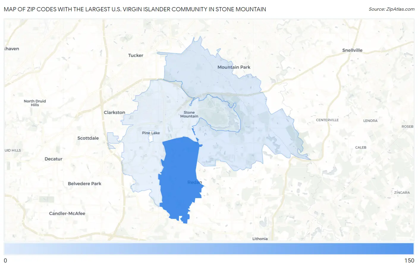 Zip Codes with the Largest U.S. Virgin Islander Community in Stone Mountain Map