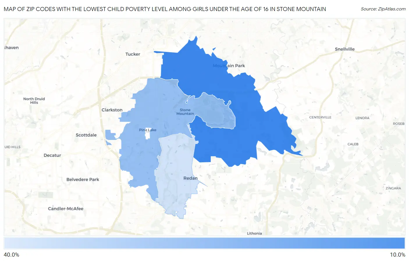 Zip Codes with the Lowest Child Poverty Level Among Girls Under the Age of 16 in Stone Mountain Map