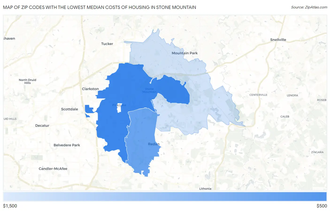 Zip Codes with the Lowest Median Costs of Housing in Stone Mountain Map