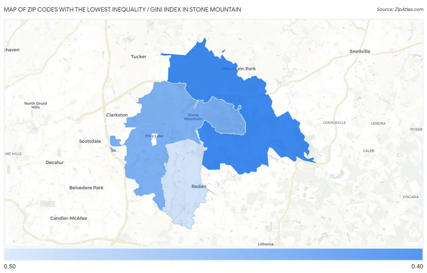 Zip Codes with the Lowest Inequality / Gini Index in Stone Mountain Map