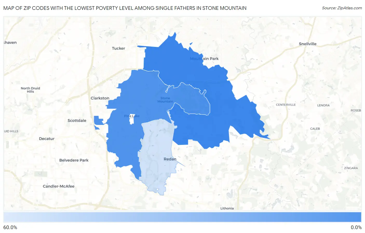 Zip Codes with the Lowest Poverty Level Among Single Fathers in Stone Mountain Map