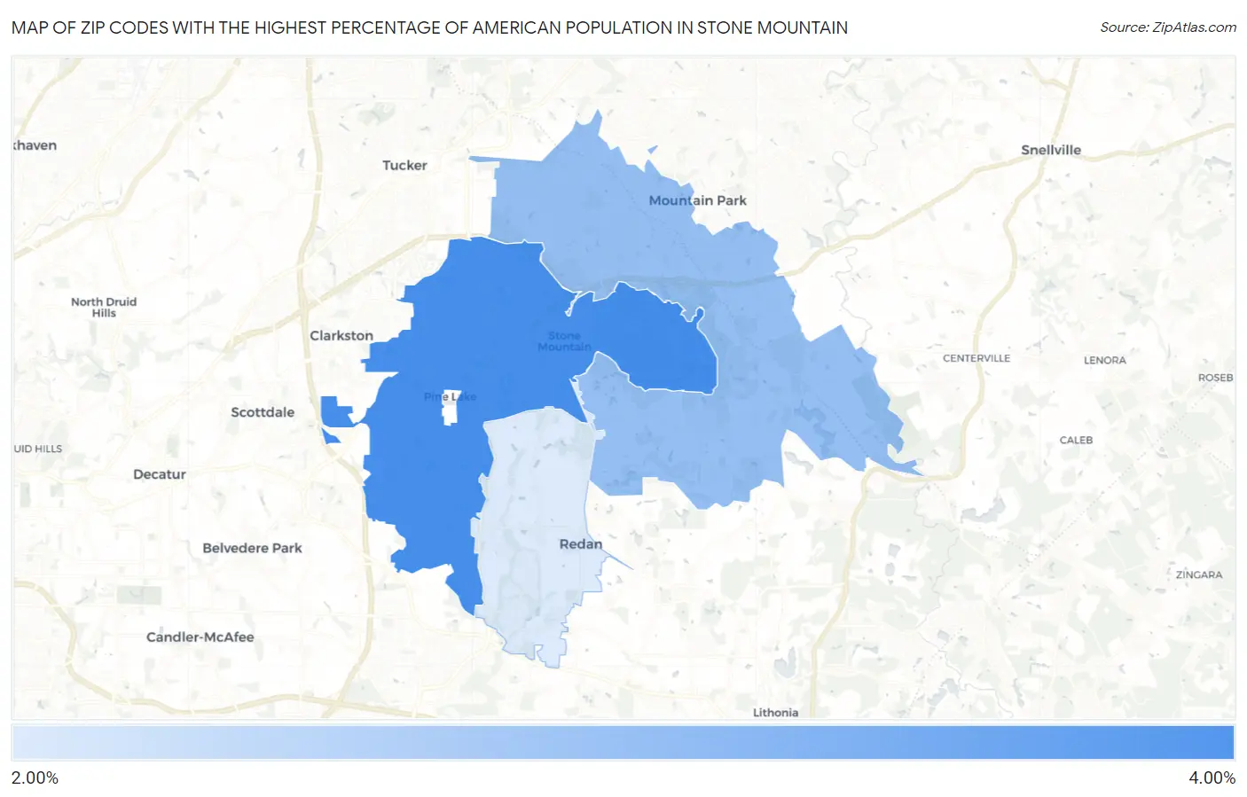 Zip Codes with the Highest Percentage of American Population in Stone Mountain Map