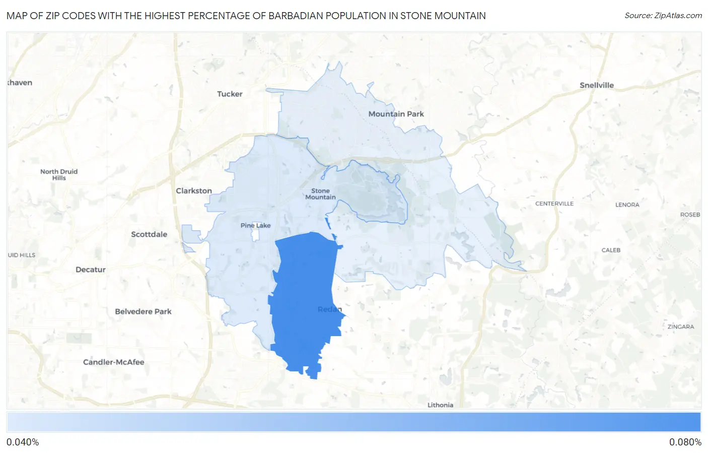 Zip Codes with the Highest Percentage of Barbadian Population in Stone Mountain Map
