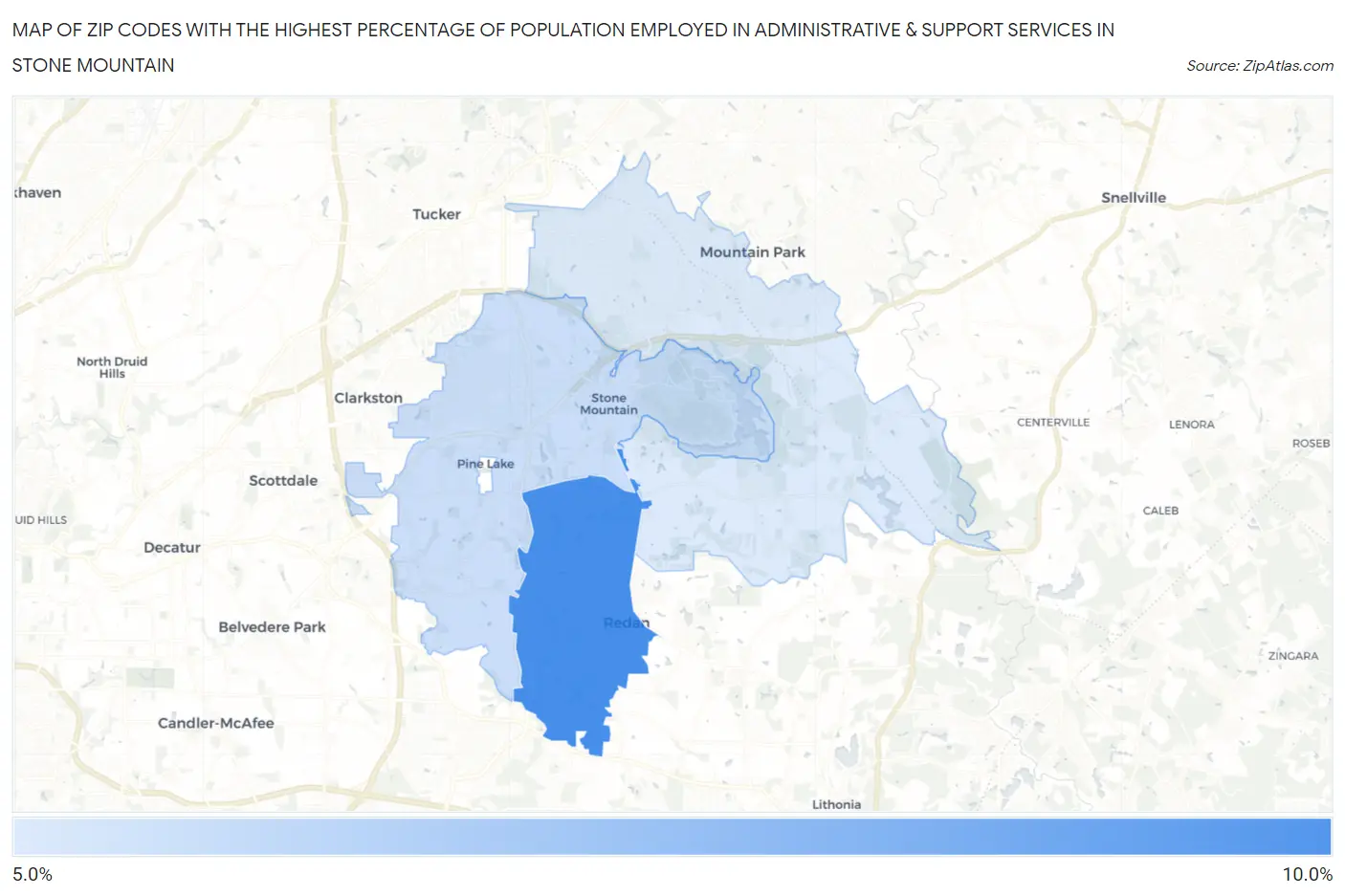 Zip Codes with the Highest Percentage of Population Employed in Administrative & Support Services in Stone Mountain Map