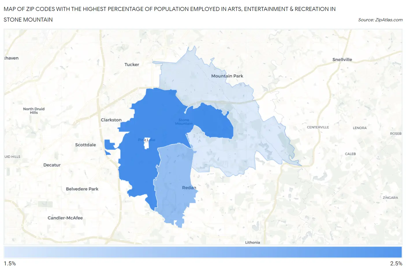 Zip Codes with the Highest Percentage of Population Employed in Arts, Entertainment & Recreation in Stone Mountain Map
