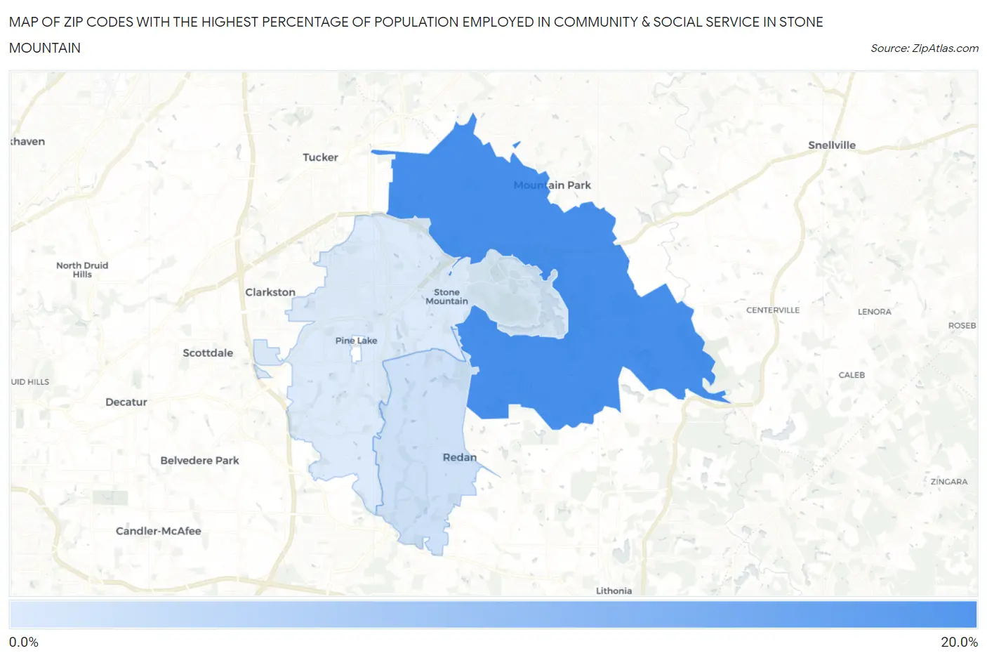 Zip Codes with the Highest Percentage of Population Employed in Community & Social Service  in Stone Mountain Map