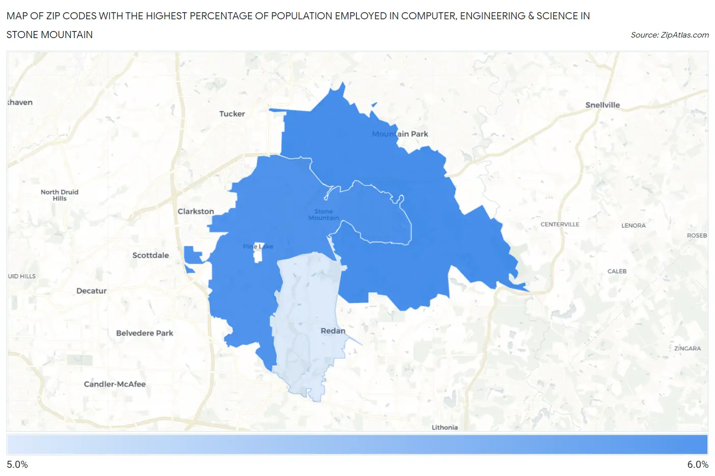 Zip Codes with the Highest Percentage of Population Employed in Computer, Engineering & Science in Stone Mountain Map