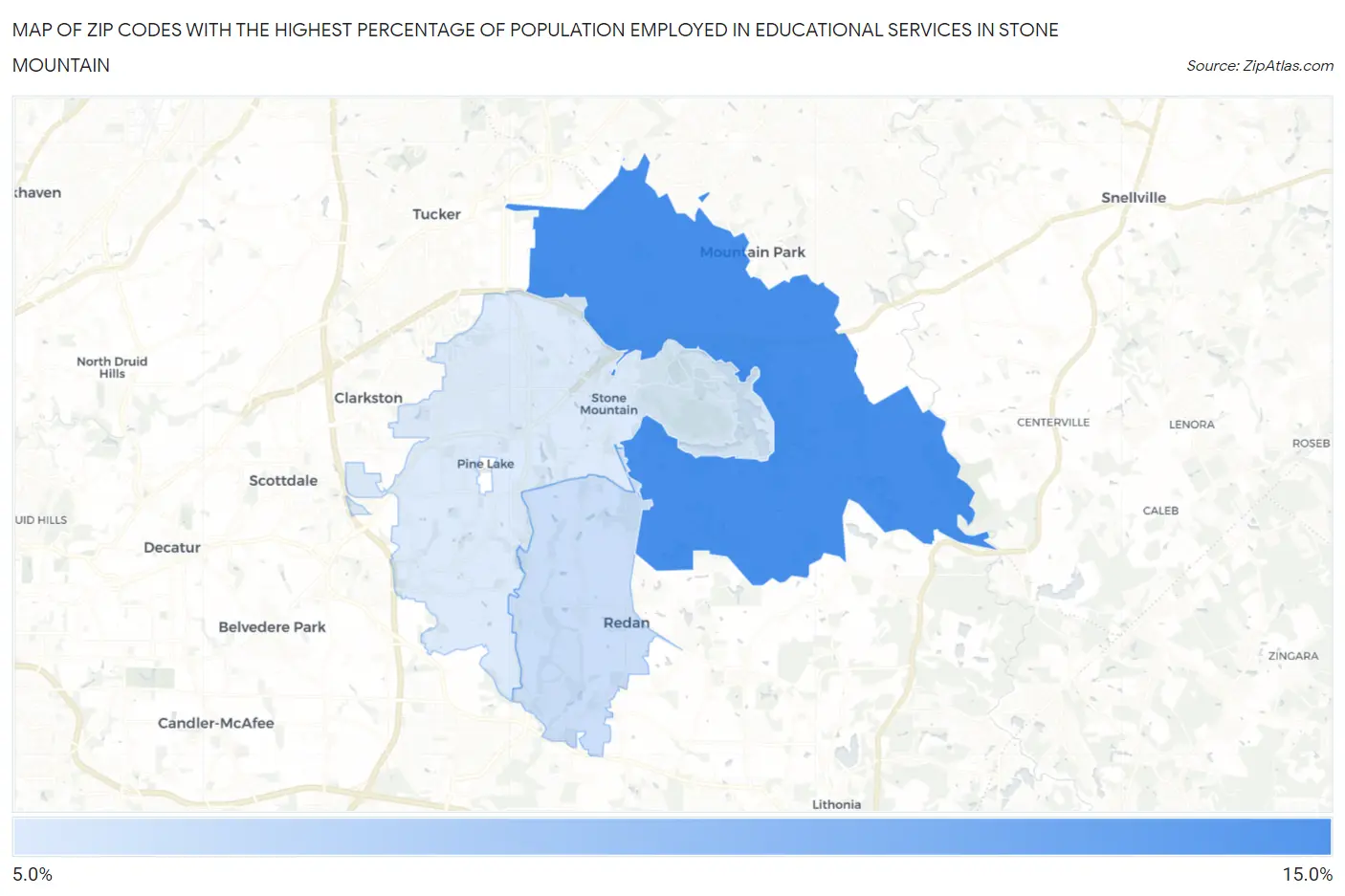 Zip Codes with the Highest Percentage of Population Employed in Educational Services in Stone Mountain Map