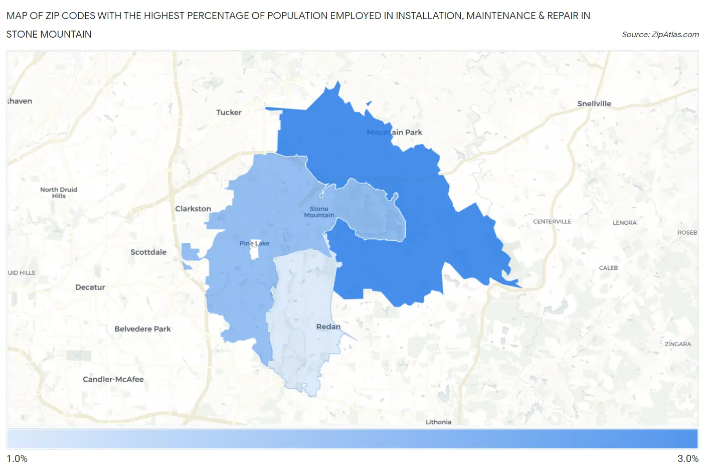 Zip Codes with the Highest Percentage of Population Employed in Installation, Maintenance & Repair in Stone Mountain Map