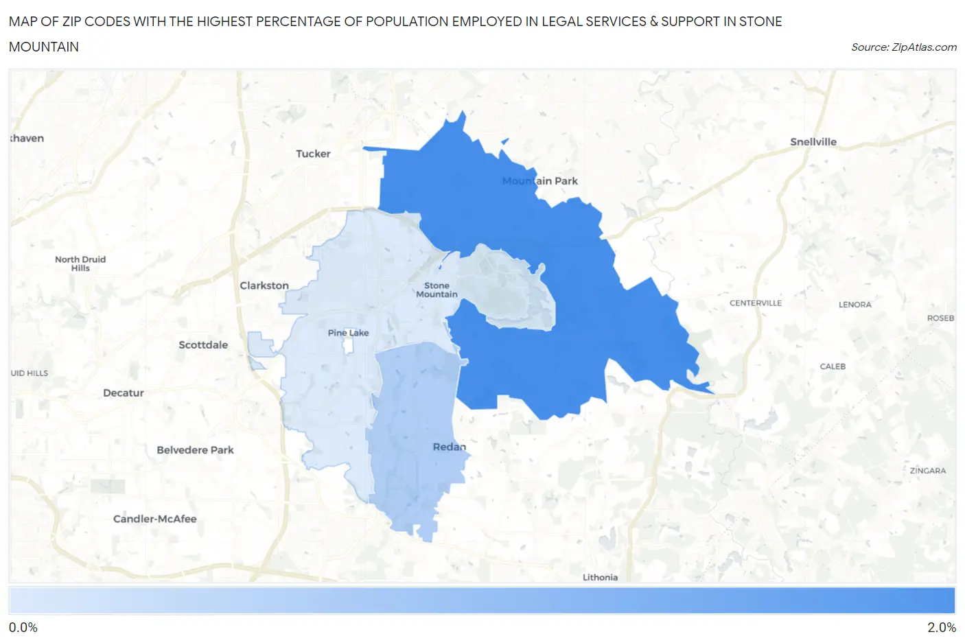 Zip Codes with the Highest Percentage of Population Employed in Legal Services & Support in Stone Mountain Map