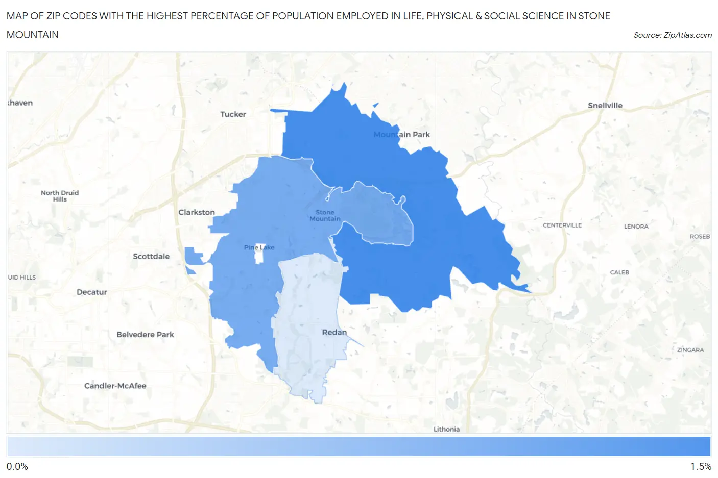 Zip Codes with the Highest Percentage of Population Employed in Life, Physical & Social Science in Stone Mountain Map