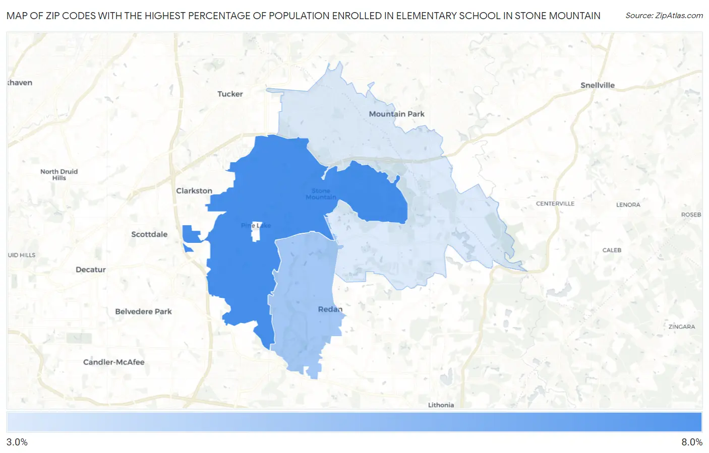 Zip Codes with the Highest Percentage of Population Enrolled in Elementary School in Stone Mountain Map