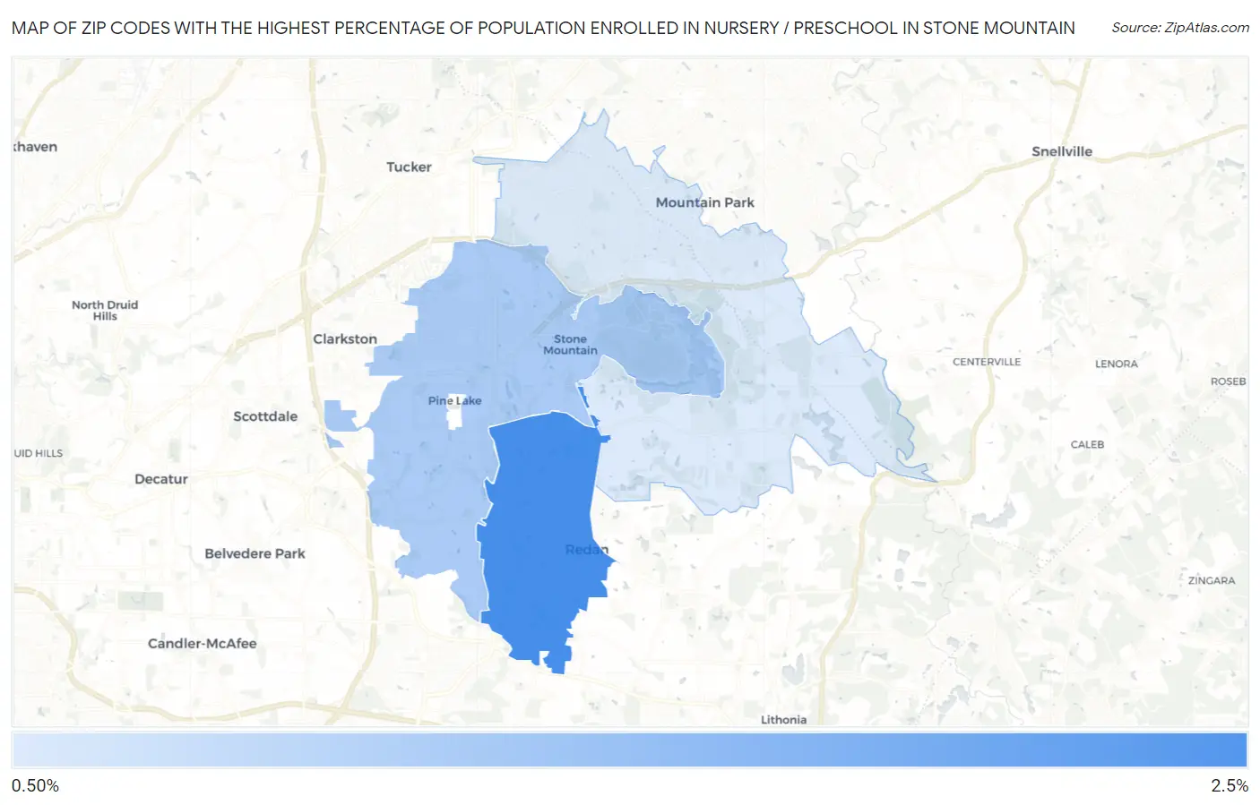Zip Codes with the Highest Percentage of Population Enrolled in Nursery / Preschool in Stone Mountain Map