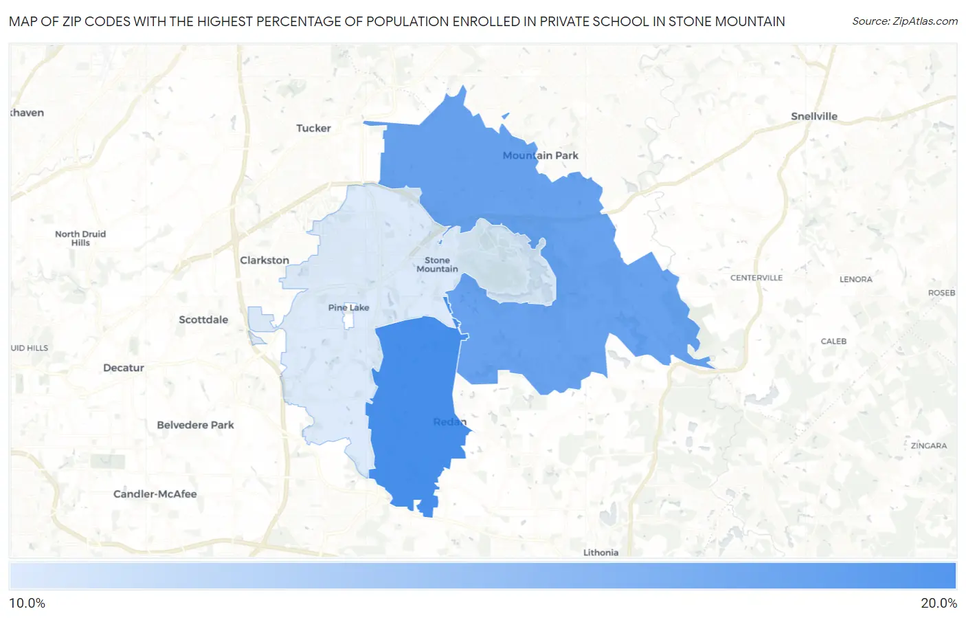 Zip Codes with the Highest Percentage of Population Enrolled in Private School in Stone Mountain Map