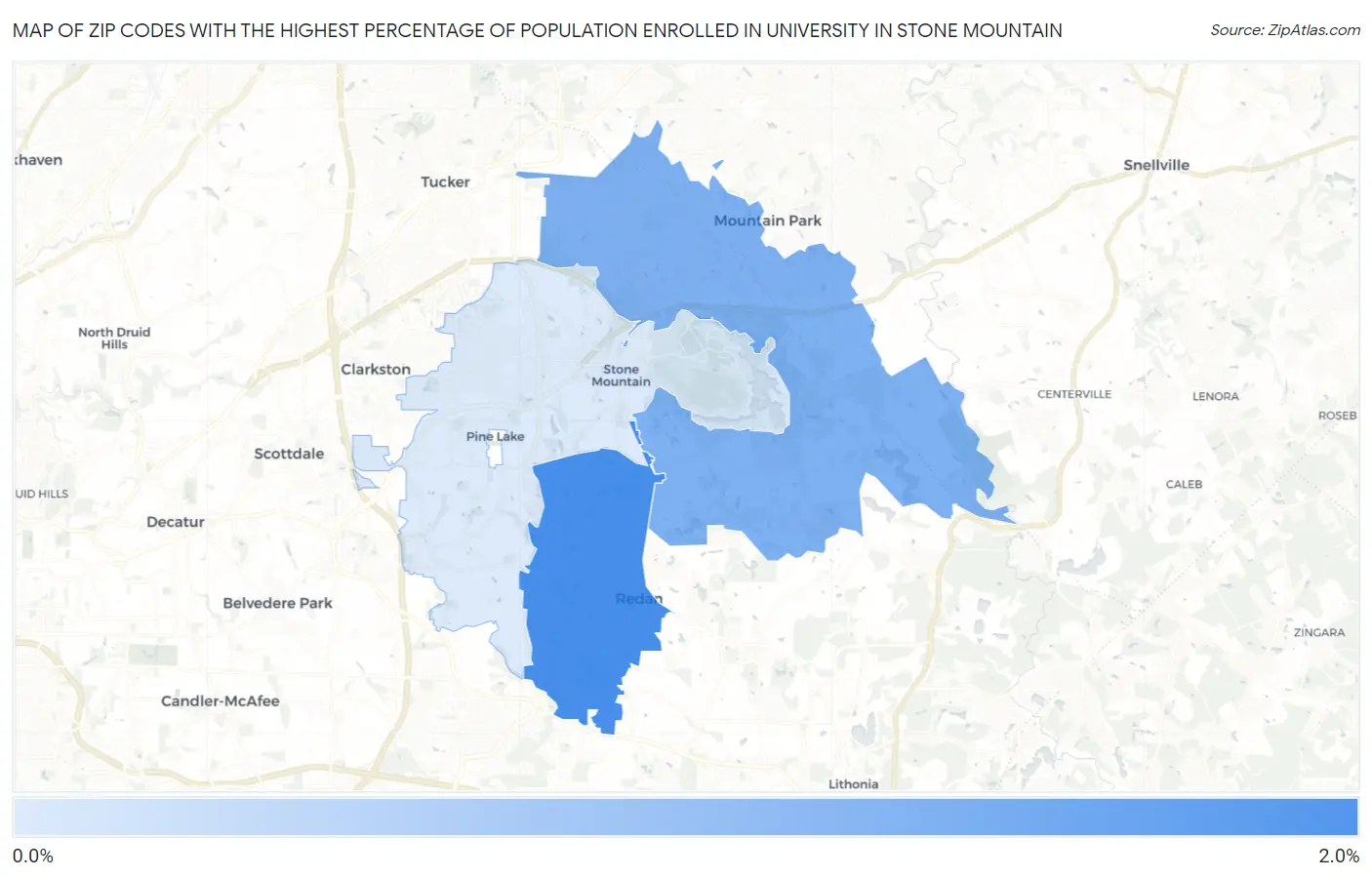 Zip Codes with the Highest Percentage of Population Enrolled in University in Stone Mountain Map