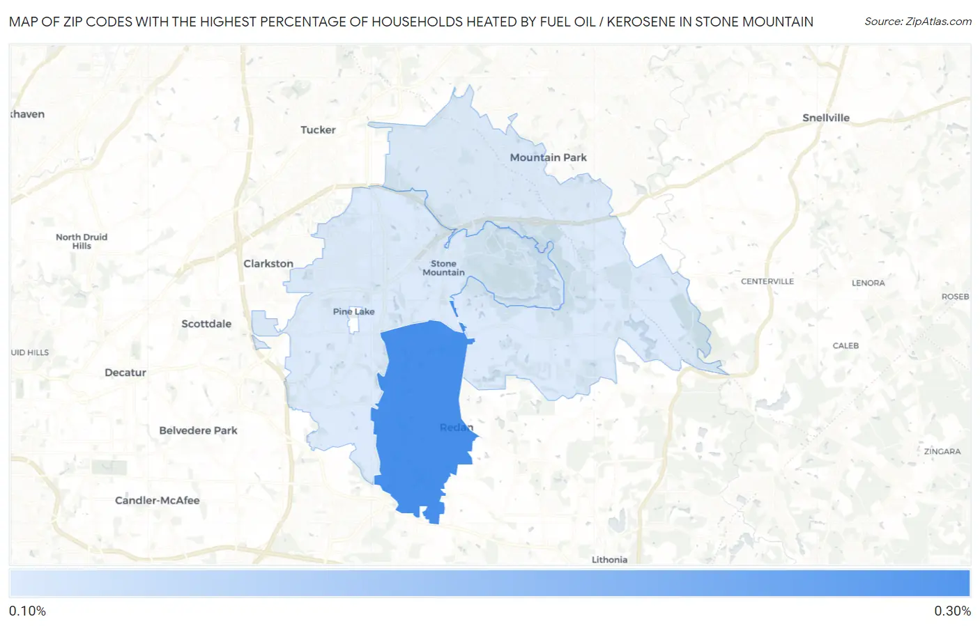 Zip Codes with the Highest Percentage of Households Heated by Fuel Oil / Kerosene in Stone Mountain Map