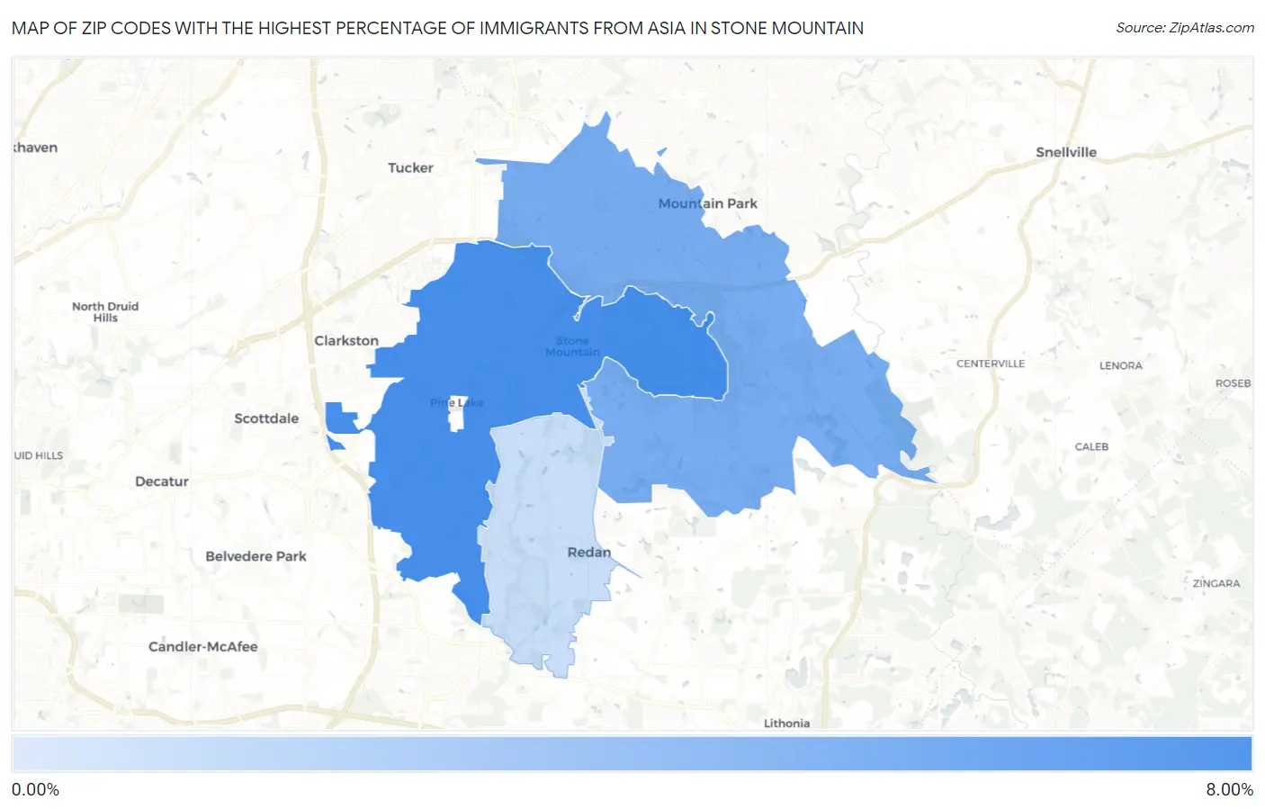 Zip Codes with the Highest Percentage of Immigrants from Asia in Stone Mountain Map