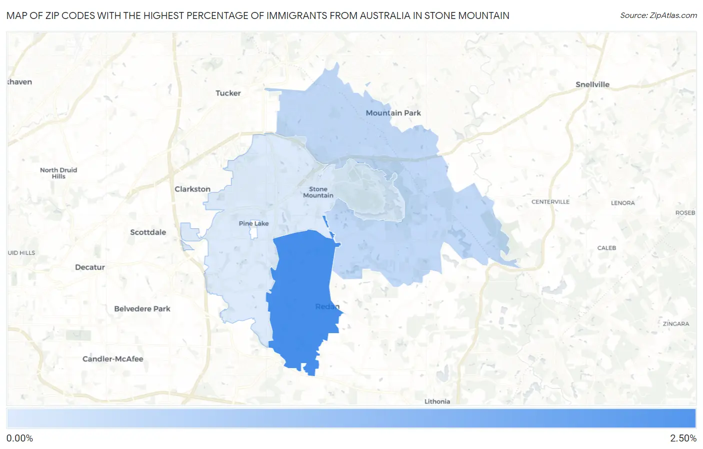 Zip Codes with the Highest Percentage of Immigrants from Australia in Stone Mountain Map