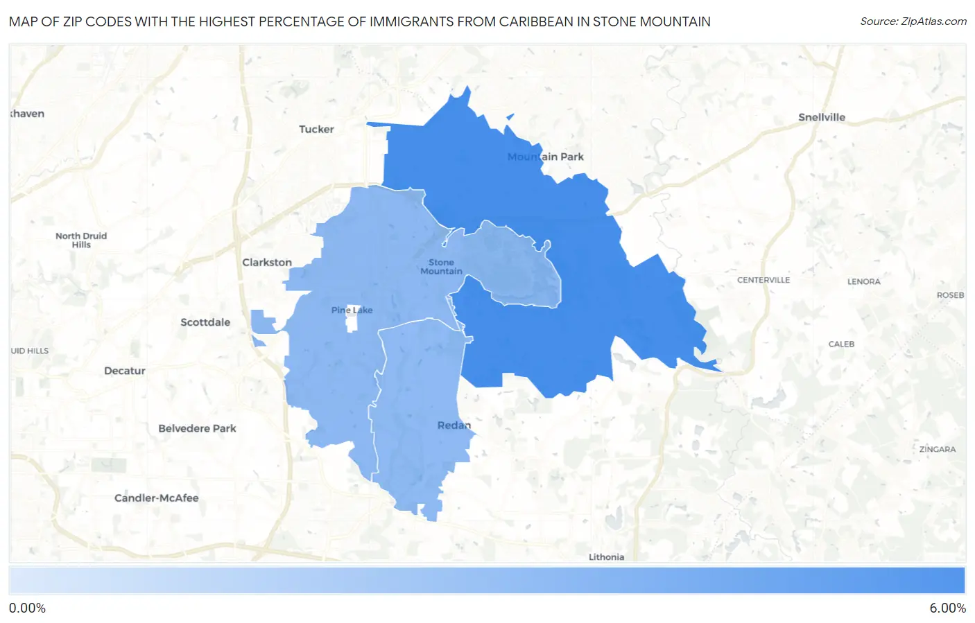 Zip Codes with the Highest Percentage of Immigrants from Caribbean in Stone Mountain Map