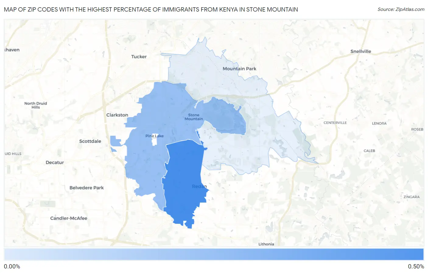 Zip Codes with the Highest Percentage of Immigrants from Kenya in Stone Mountain Map