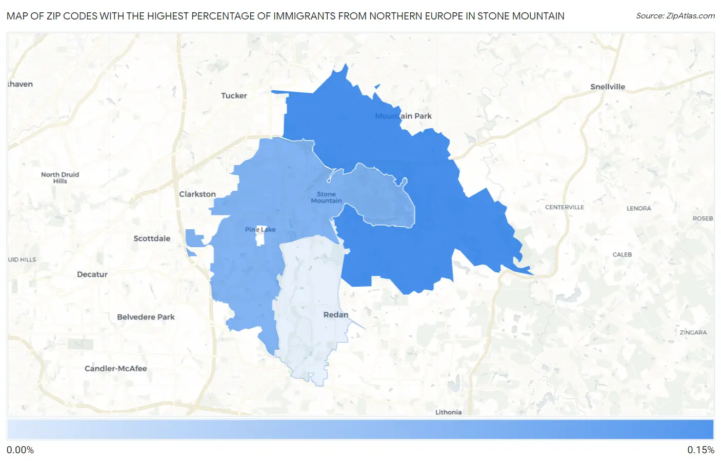 Zip Codes with the Highest Percentage of Immigrants from Northern Europe in Stone Mountain Map
