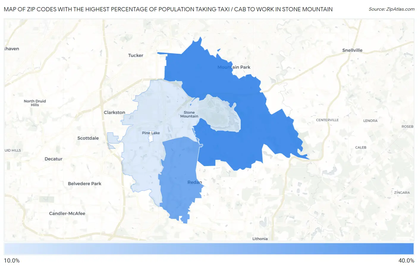 Zip Codes with the Highest Percentage of Population Taking Taxi / Cab to Work in Stone Mountain Map