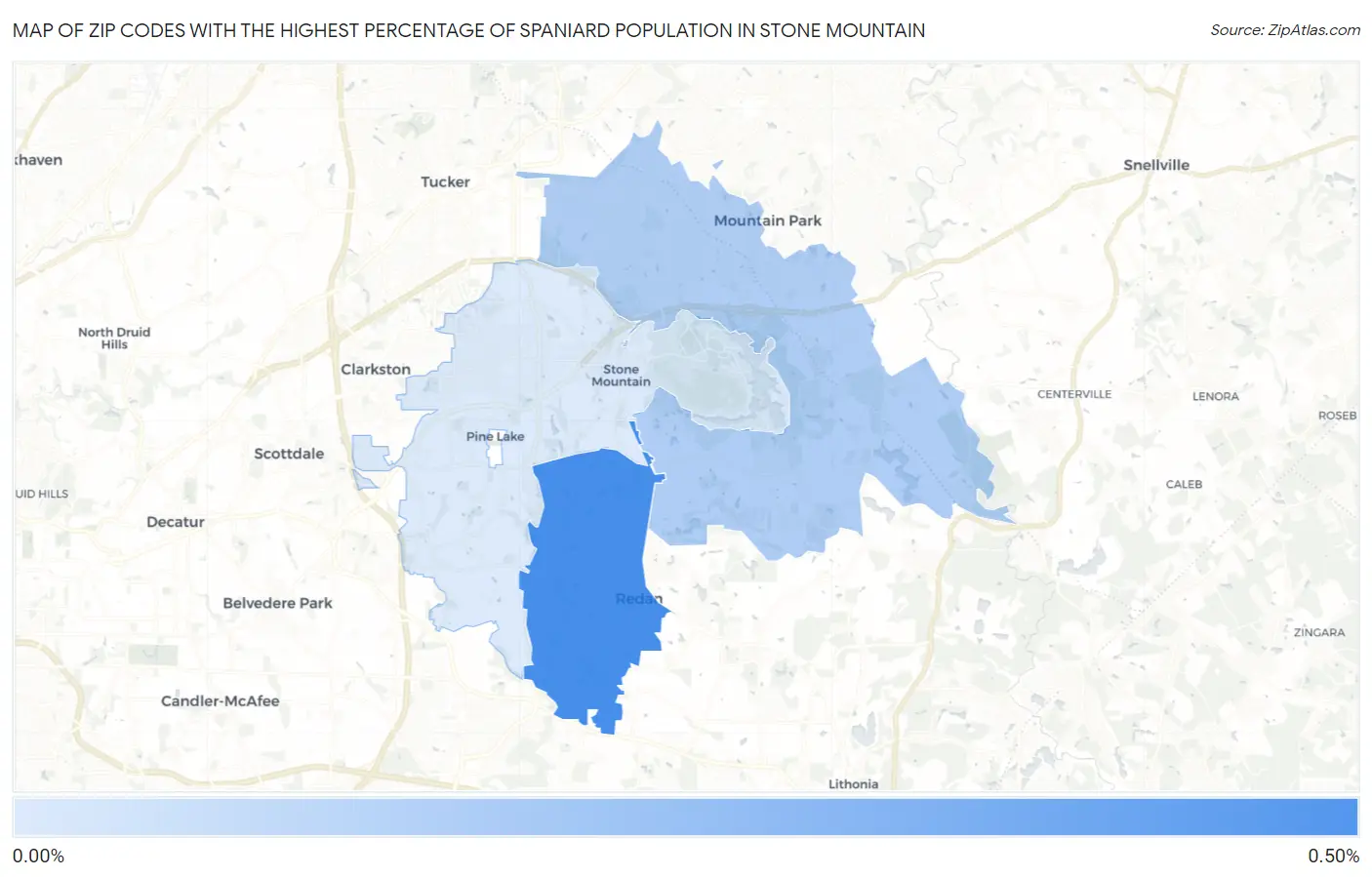 Zip Codes with the Highest Percentage of Spaniard Population in Stone Mountain Map