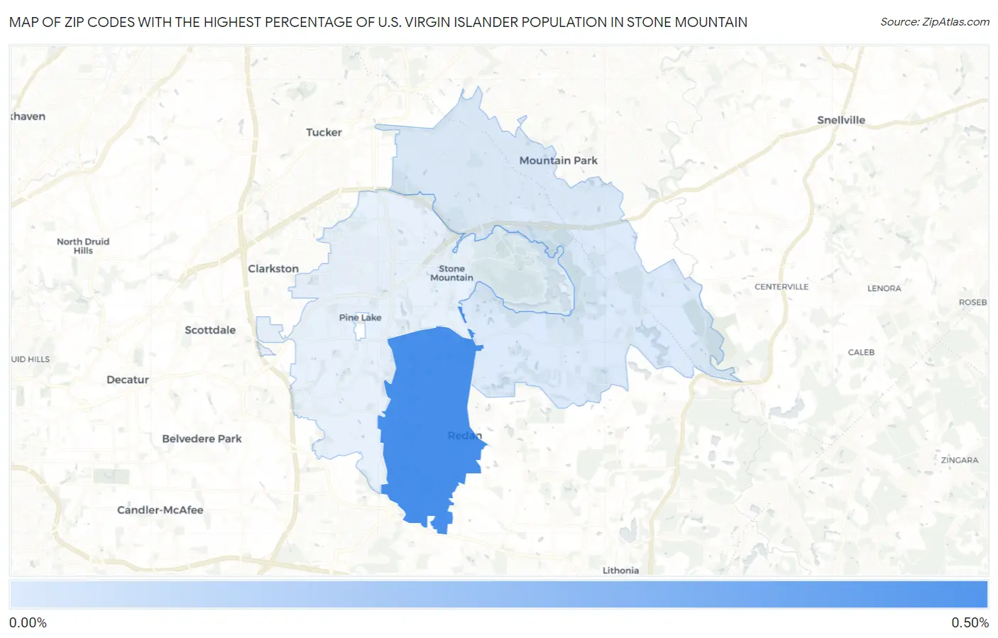 Zip Codes with the Highest Percentage of U.S. Virgin Islander Population in Stone Mountain Map