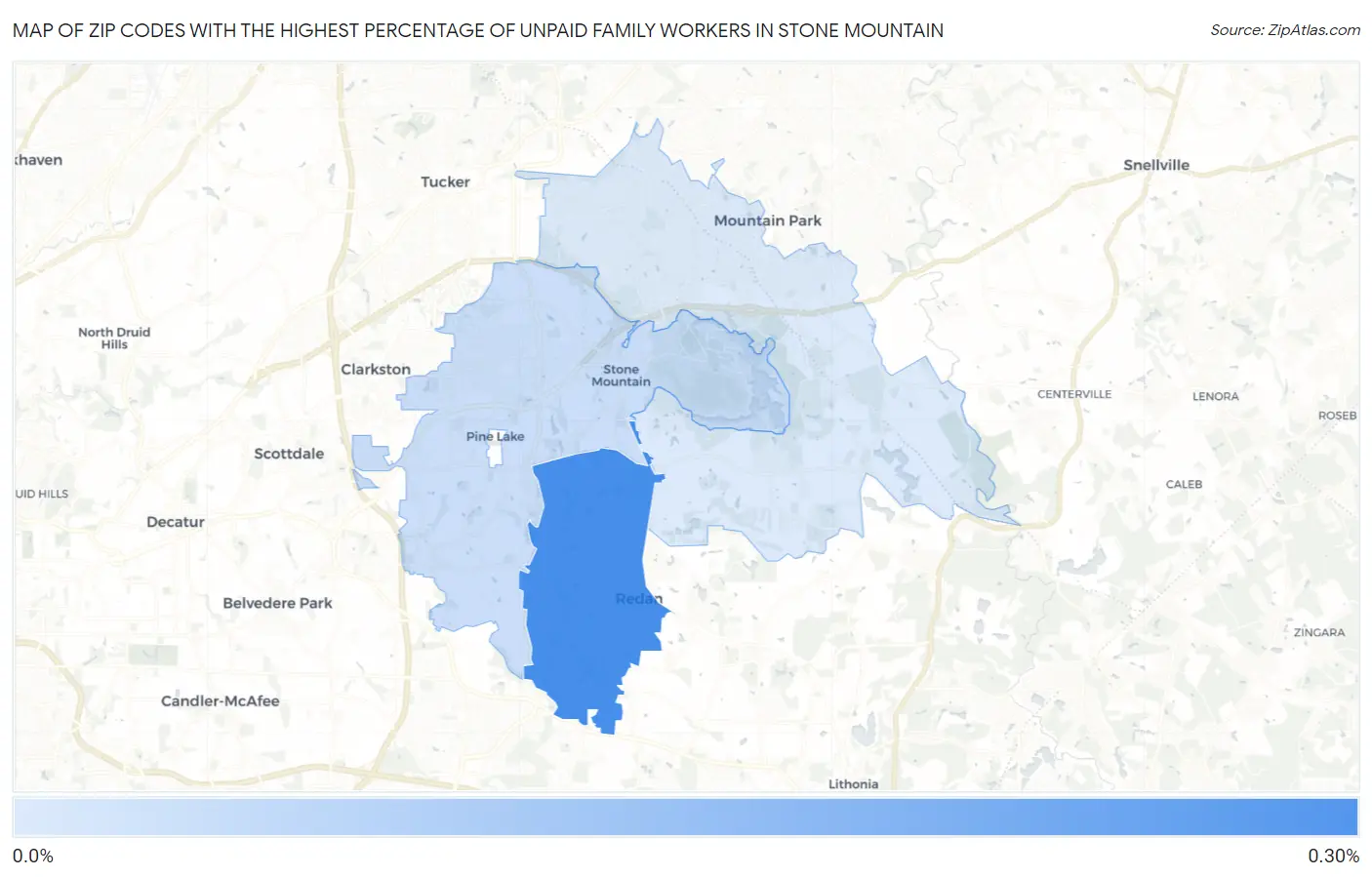 Zip Codes with the Highest Percentage of Unpaid Family Workers in Stone Mountain Map