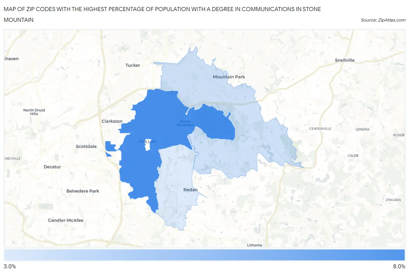 Zip Codes with the Highest Percentage of Population with a Degree in Communications in Stone Mountain Map