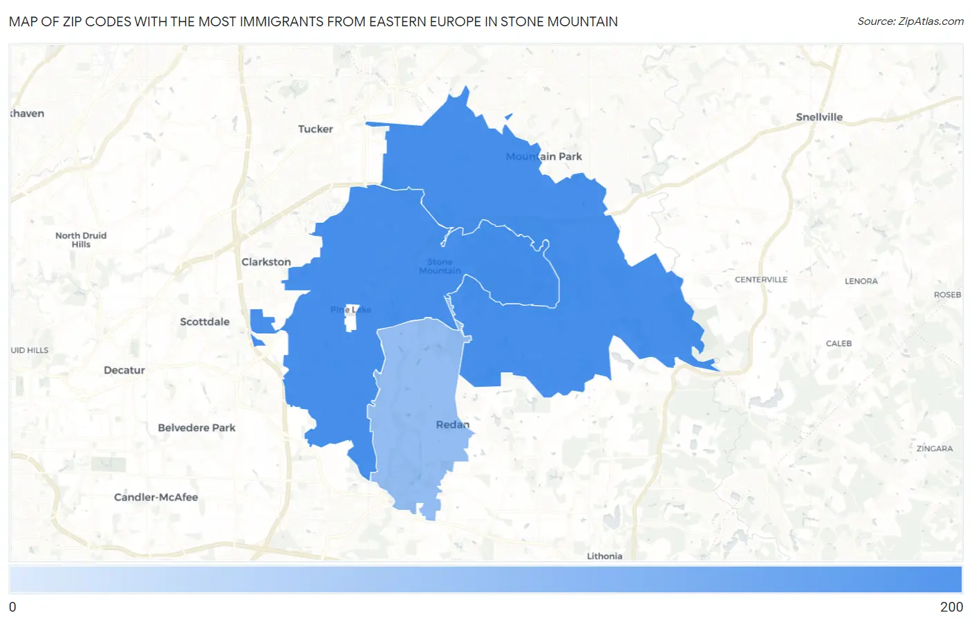 Zip Codes with the Most Immigrants from Eastern Europe in Stone Mountain Map