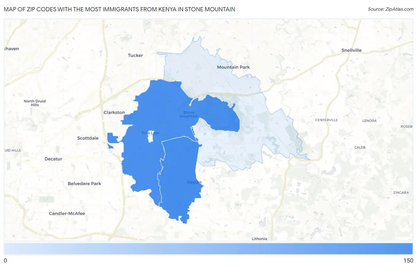 Zip Codes with the Most Immigrants from Kenya in Stone Mountain Map