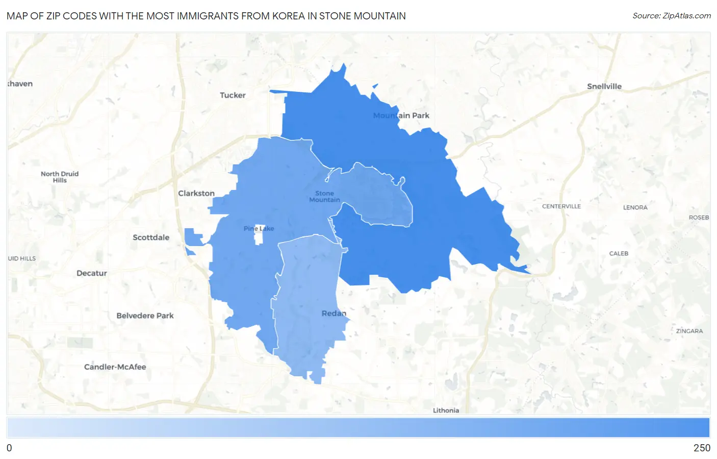 Zip Codes with the Most Immigrants from Korea in Stone Mountain Map