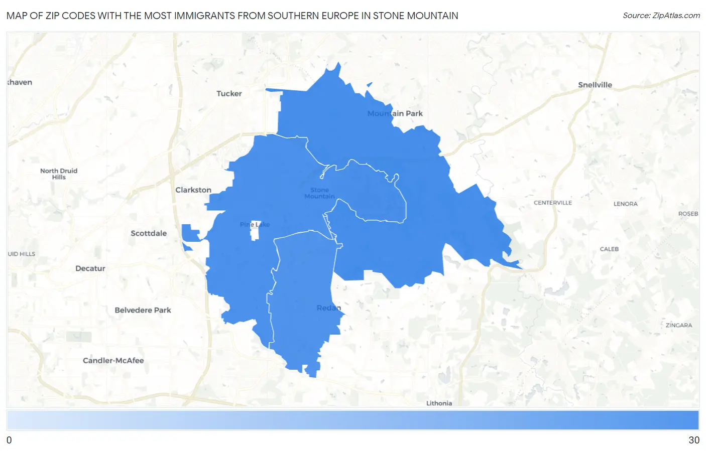 Zip Codes with the Most Immigrants from Southern Europe in Stone Mountain Map