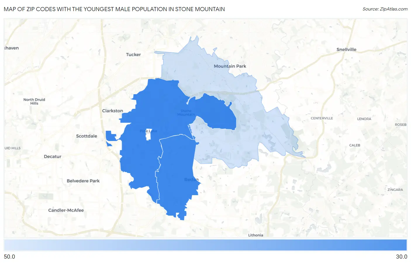 Zip Codes with the Youngest Male Population in Stone Mountain Map