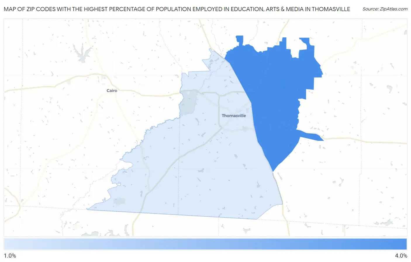 Zip Codes with the Highest Percentage of Population Employed in Education, Arts & Media in Thomasville Map
