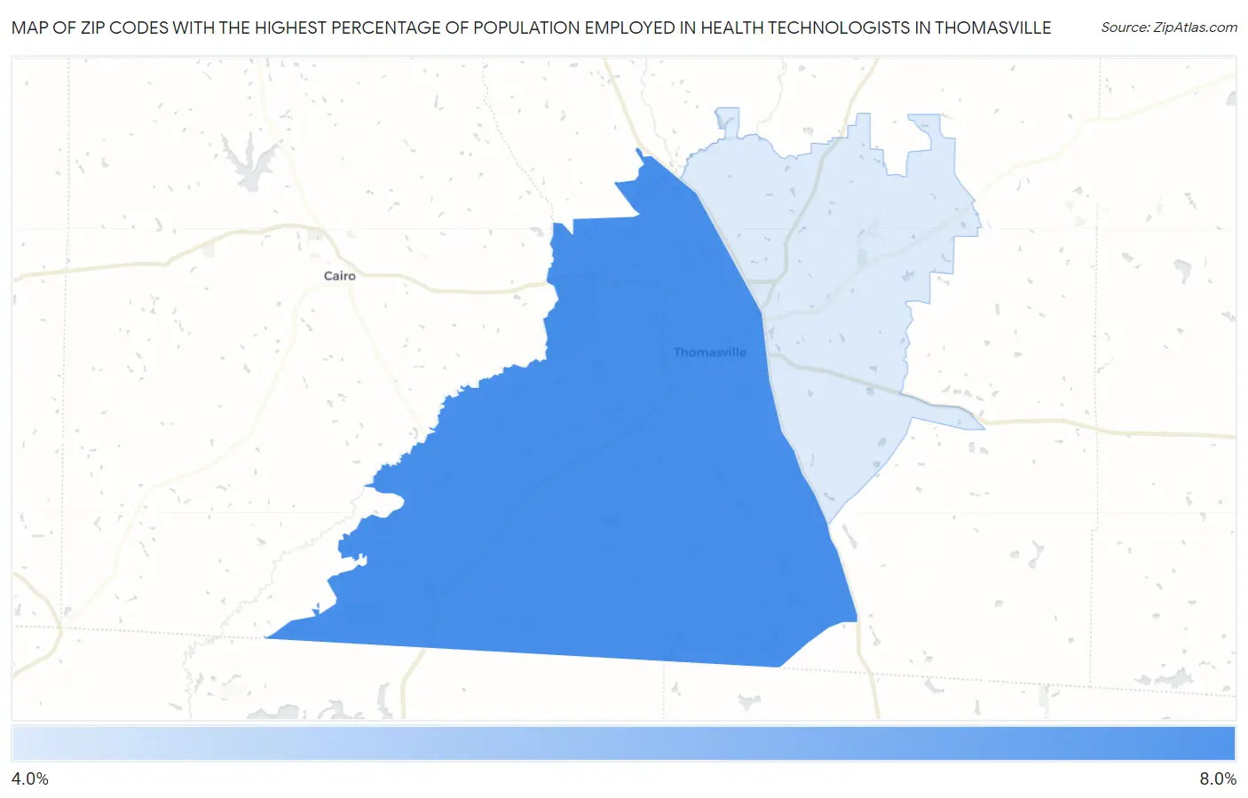 Zip Codes with the Highest Percentage of Population Employed in Health Technologists in Thomasville Map