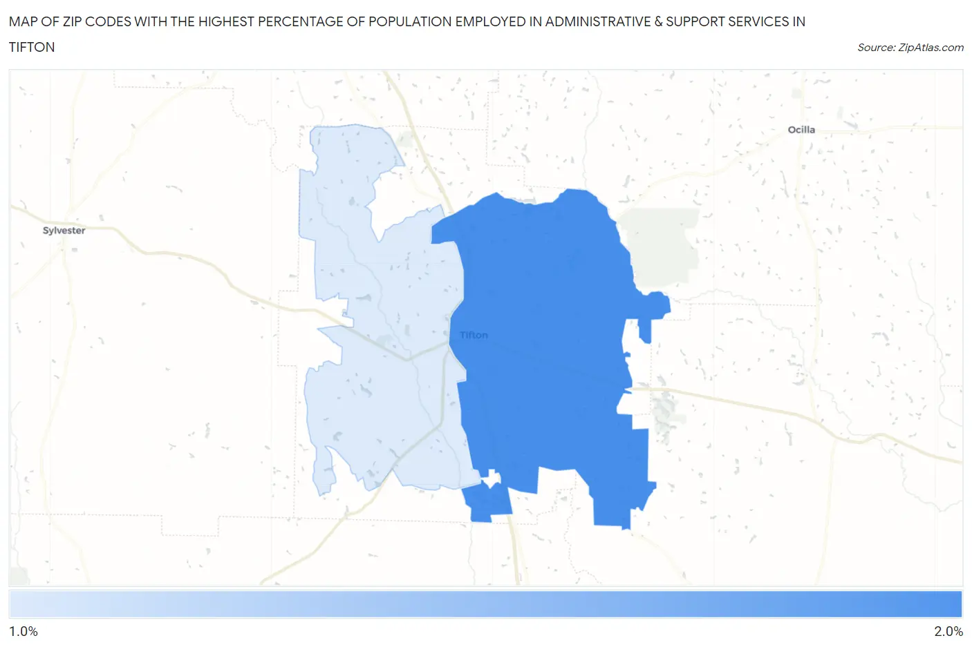 Zip Codes with the Highest Percentage of Population Employed in Administrative & Support Services in Tifton Map