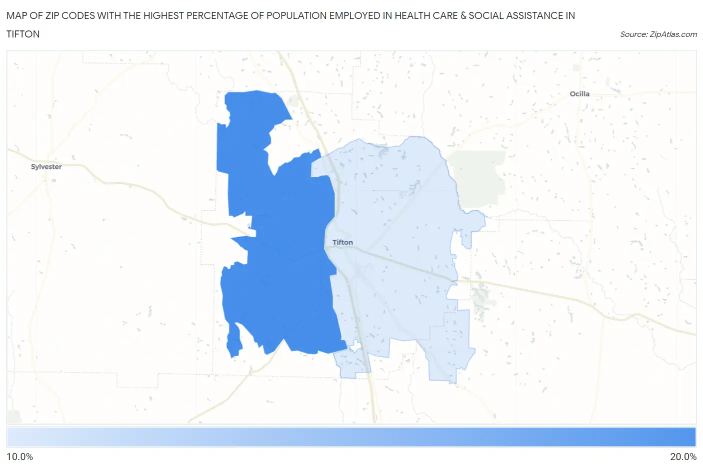 Zip Codes with the Highest Percentage of Population Employed in Health Care & Social Assistance in Tifton Map