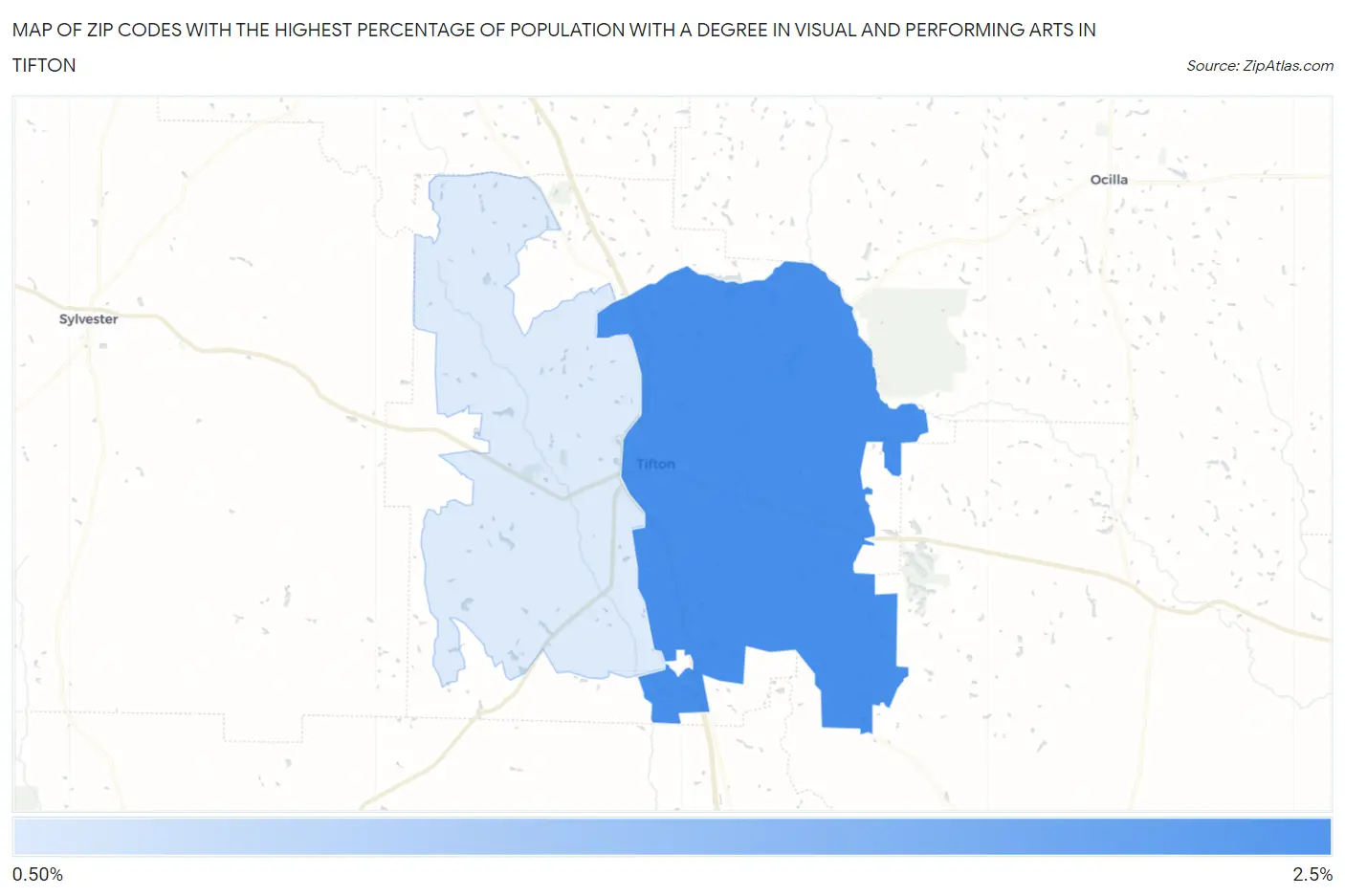 Zip Codes with the Highest Percentage of Population with a Degree in Visual and Performing Arts in Tifton Map