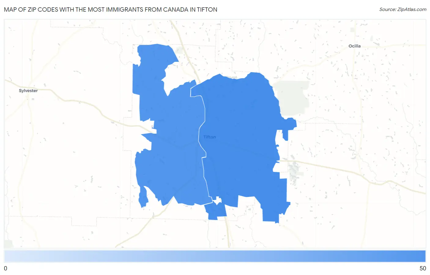 Zip Codes with the Most Immigrants from Canada in Tifton Map