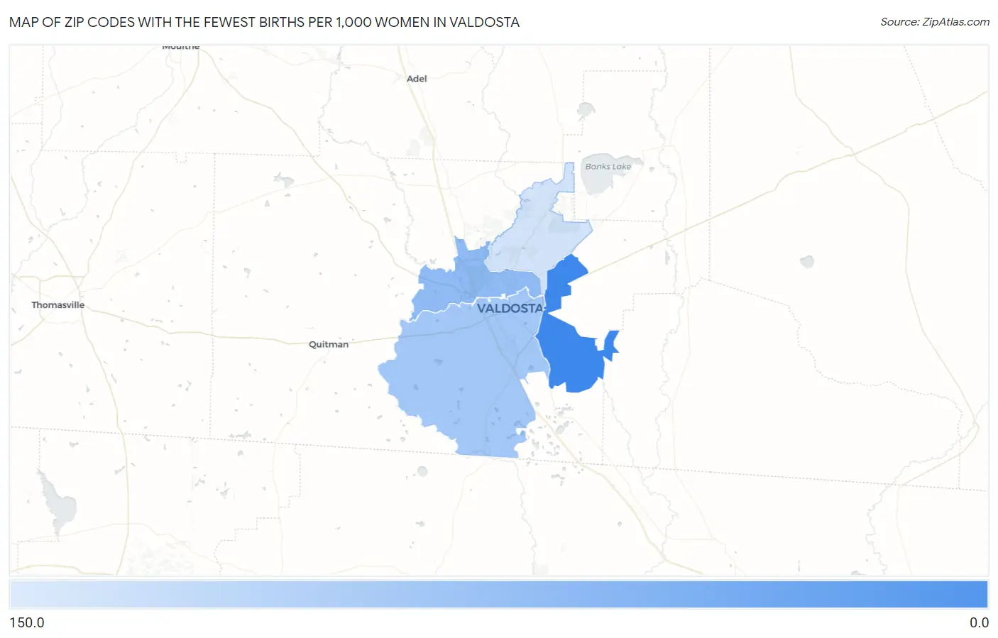 Zip Codes with the Fewest Births per 1,000 Women in Valdosta Map