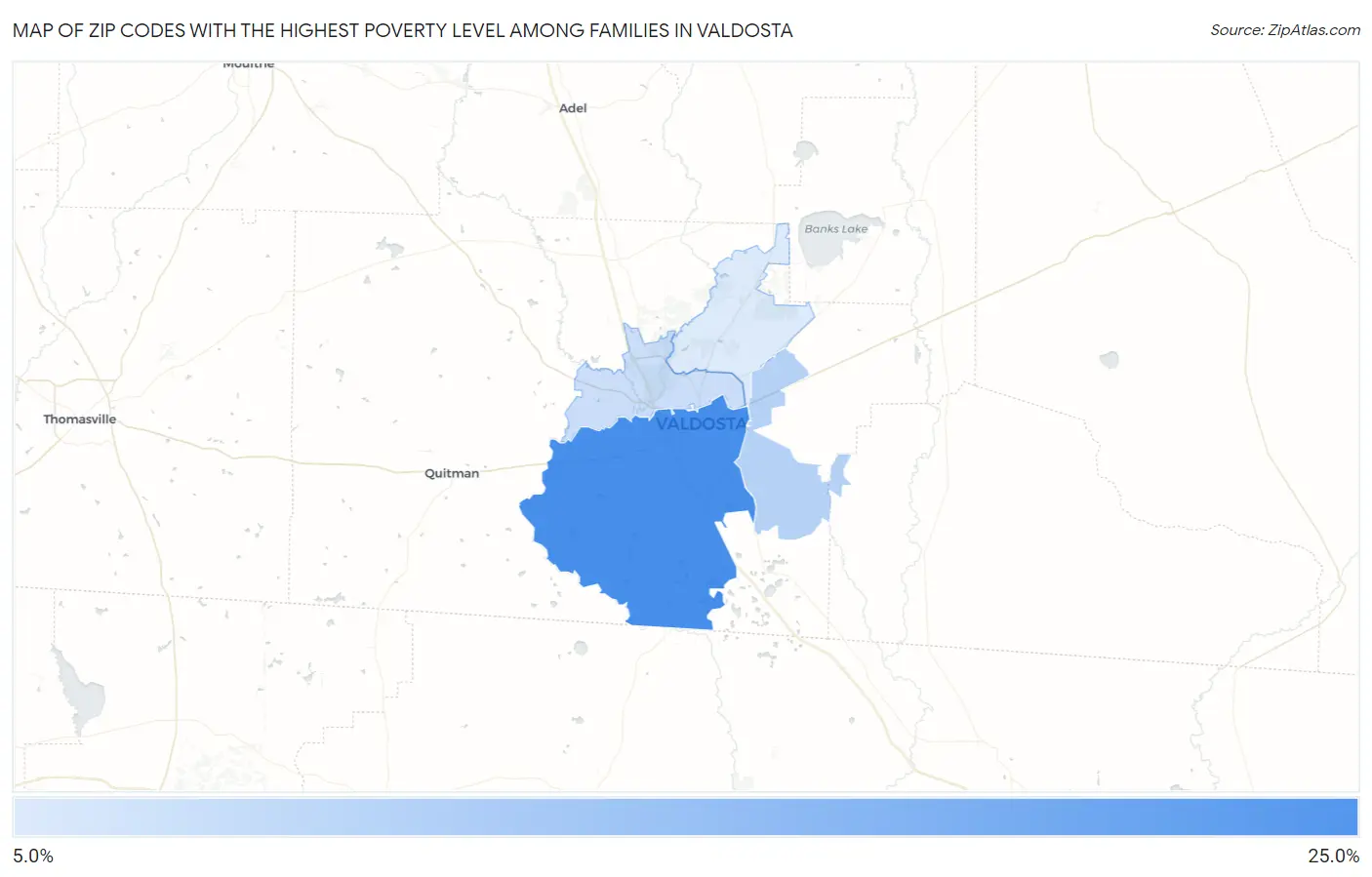 Zip Codes with the Highest Poverty Level Among Families in Valdosta Map