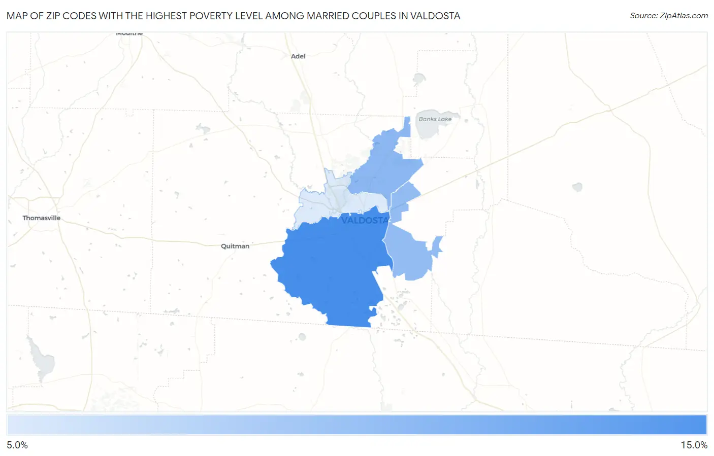 Zip Codes with the Highest Poverty Level Among Married Couples in Valdosta Map