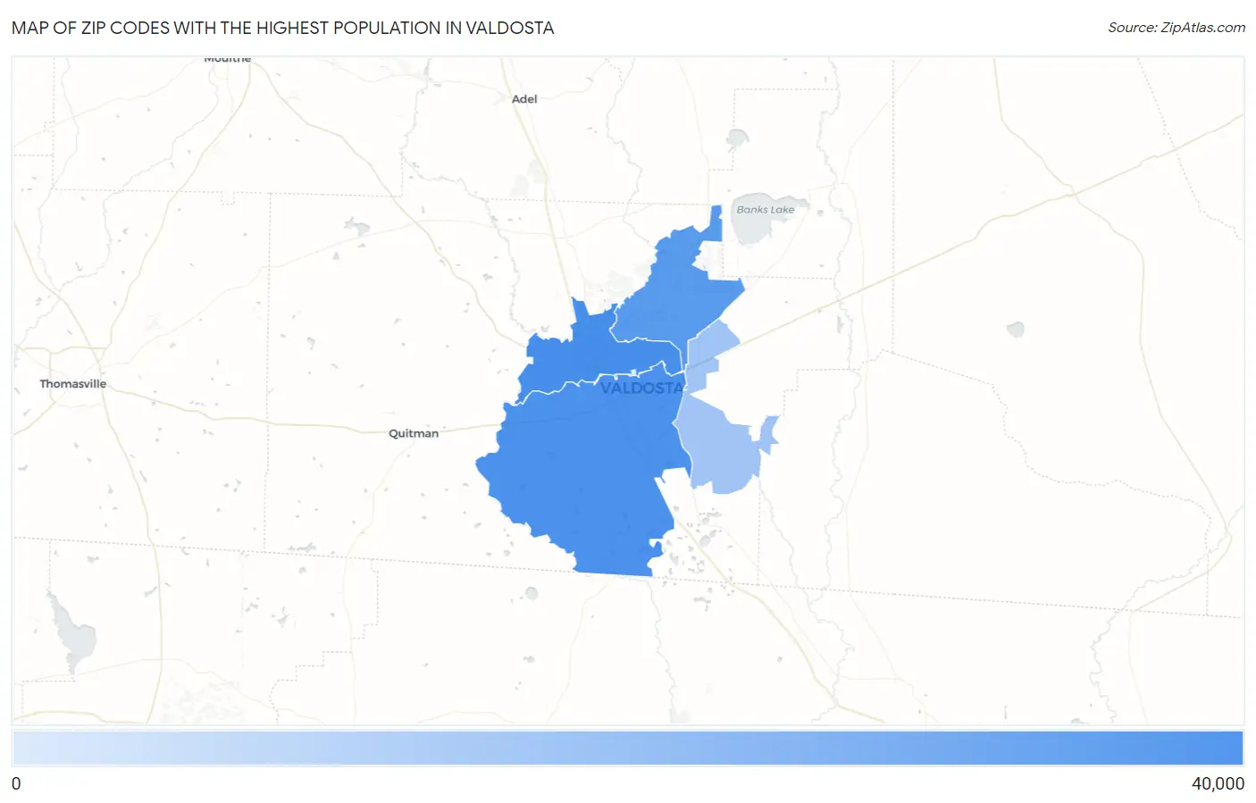 Zip Codes with the Highest Population in Valdosta Map