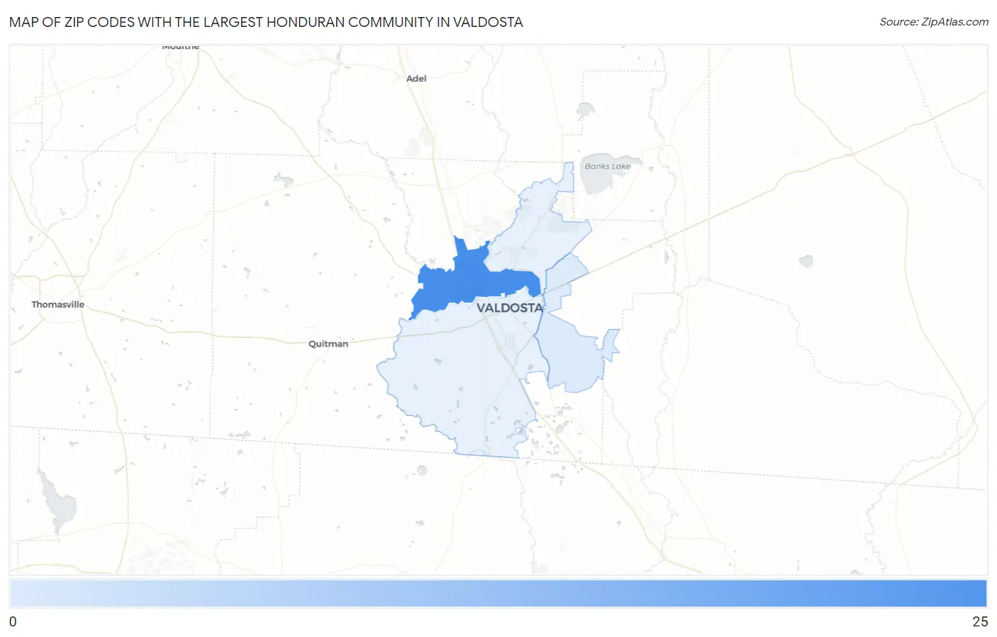 Zip Codes with the Largest Honduran Community in Valdosta Map