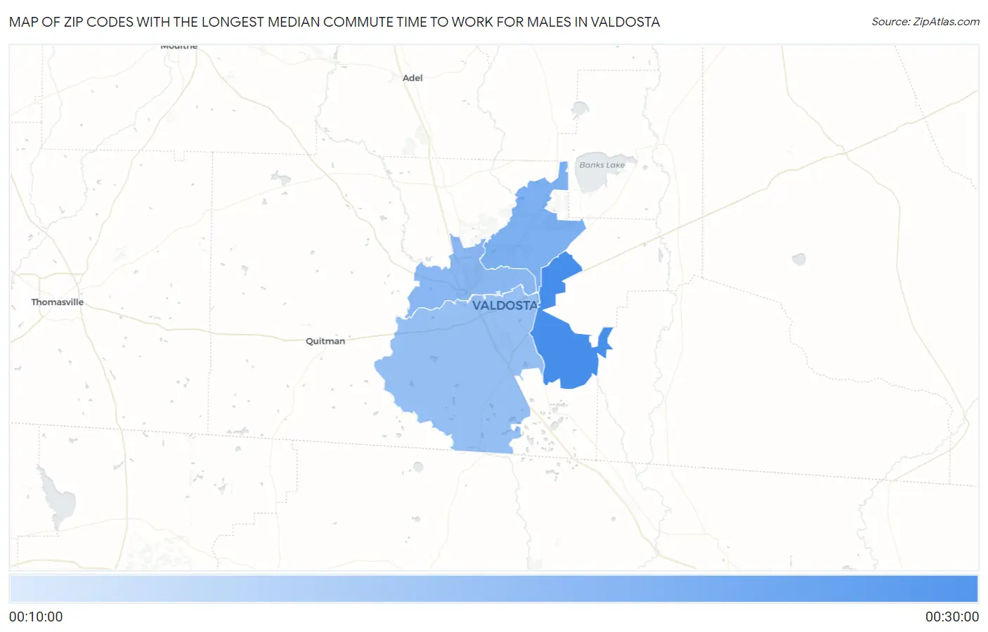 Zip Codes with the Longest Median Commute Time to Work for Males in Valdosta Map