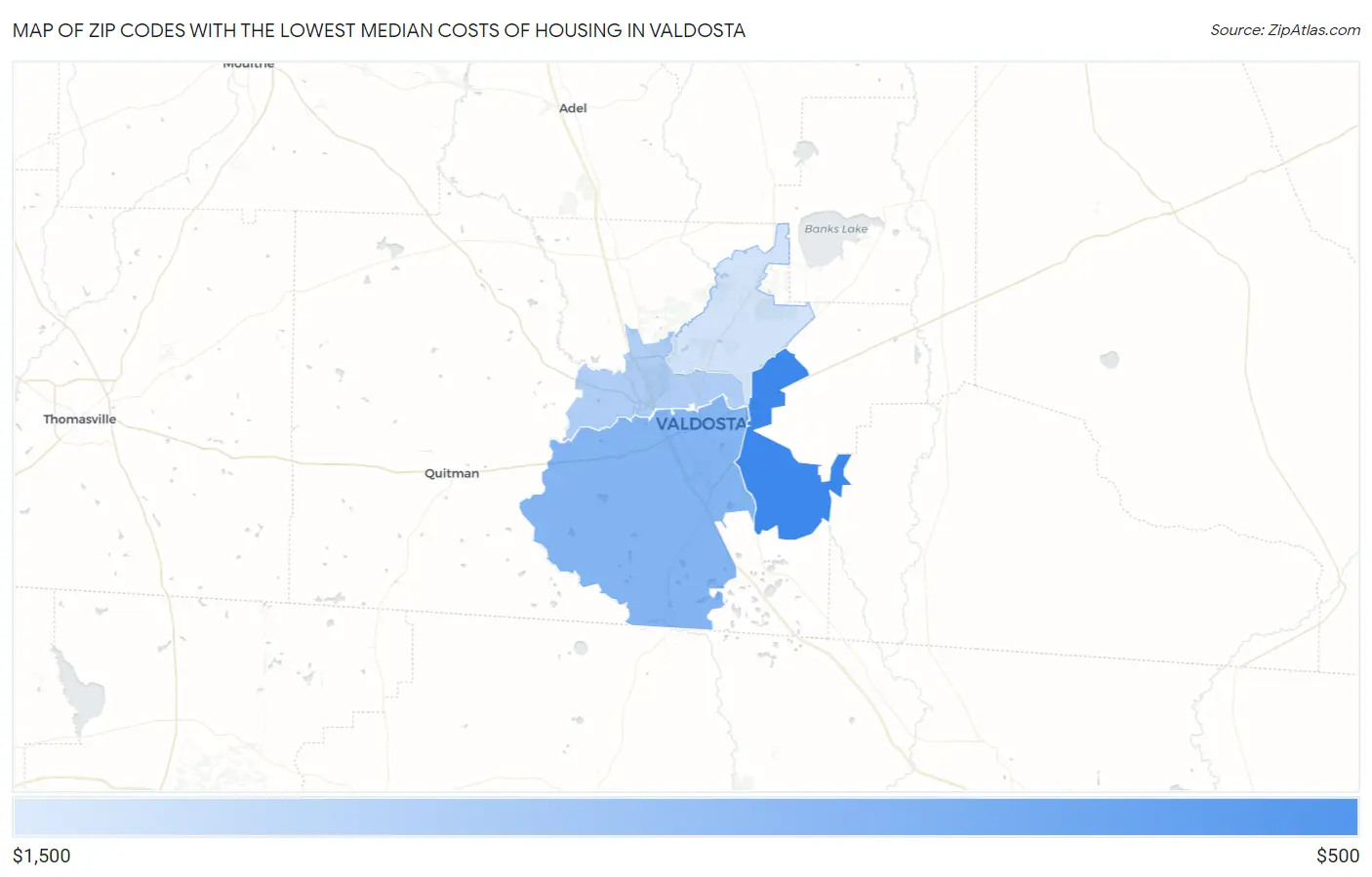 Zip Codes with the Lowest Median Costs of Housing in Valdosta Map
