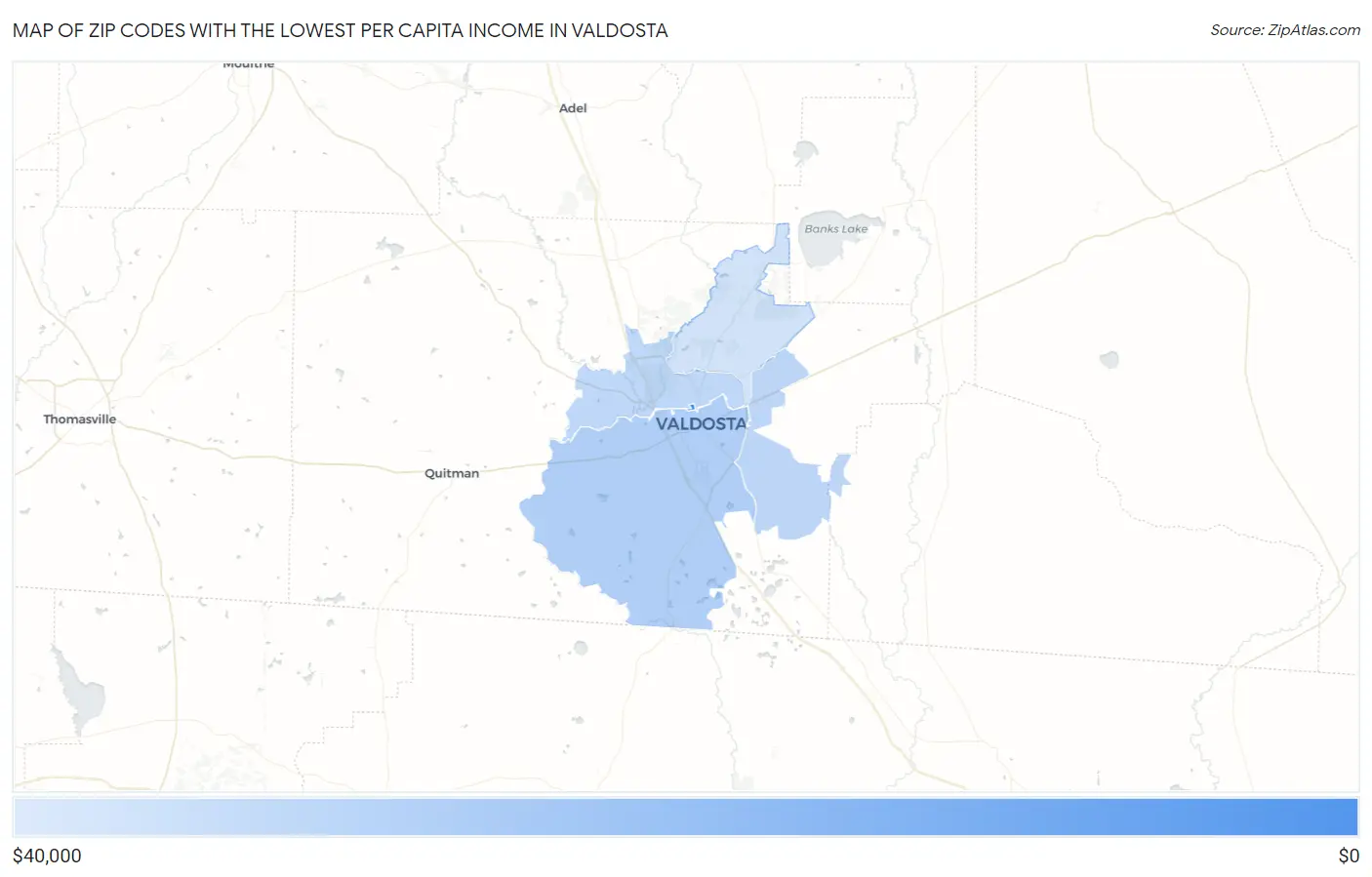 Zip Codes with the Lowest Per Capita Income in Valdosta Map